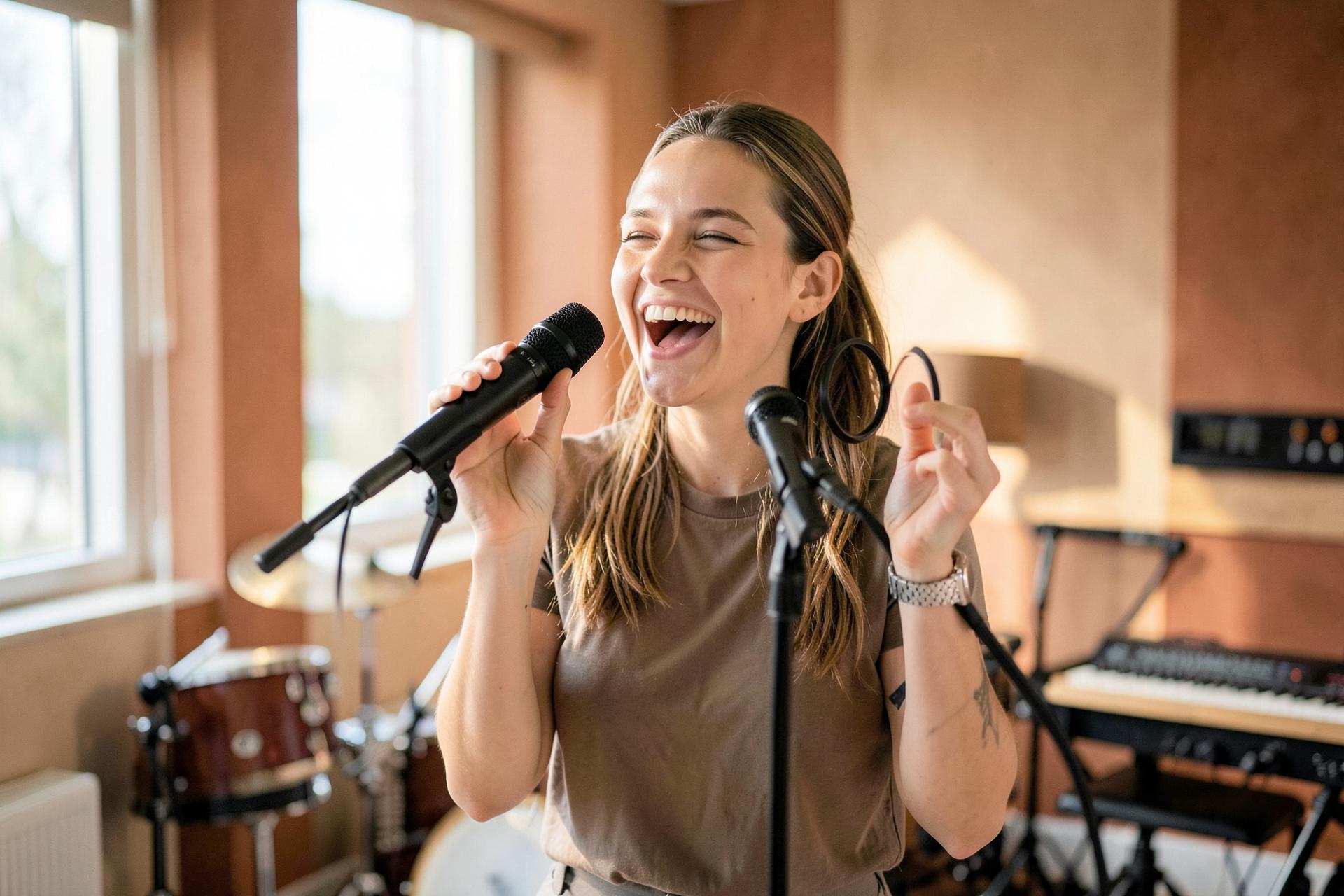 Singer performing during a voice lesson in a warm, sunlit studio